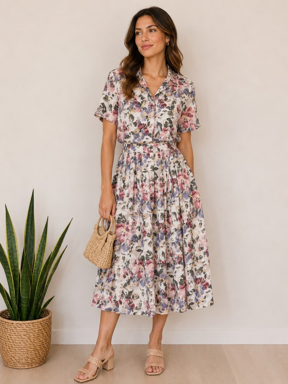 Vintage Floral Pleated Midi Skirt